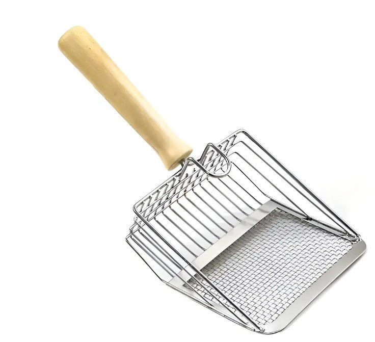 Pala para arena de gatos de acero inoxidable con mango de madera maciza