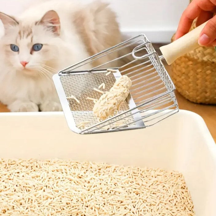 Pala para arena de gatos de acero inoxidable con mango de madera maciza