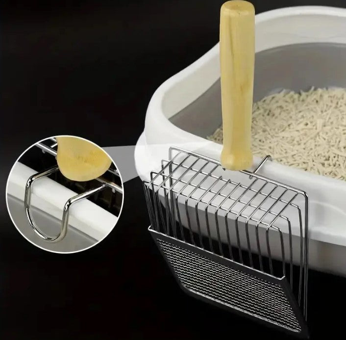 Pala para arena de gatos de acero inoxidable con mango de madera maciza