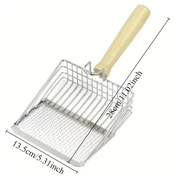 Pala para arena de gatos de acero inoxidable con mango de madera maciza