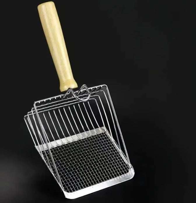 Pala para arena de gatos de acero inoxidable con mango de madera maciza