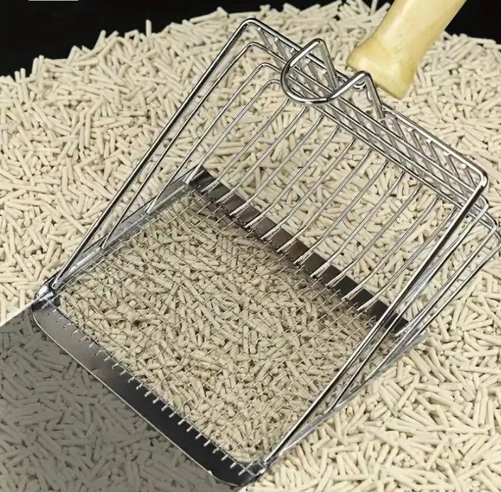 Pala para arena de gatos de acero inoxidable con mango de madera maciza