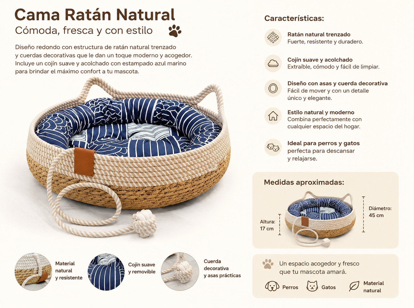 🐾 Cama Para Perro y Gato Suave Diseño Ratán Natural